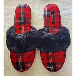 Victoria's Secret Women's Slippers Size L Red Black Plaid Fur Slip On Mule NWOT